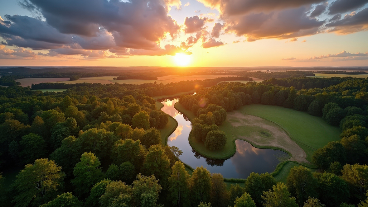 Vue aérienne en soirée du Parc régional du Morvan : tourisme en Bourgogne